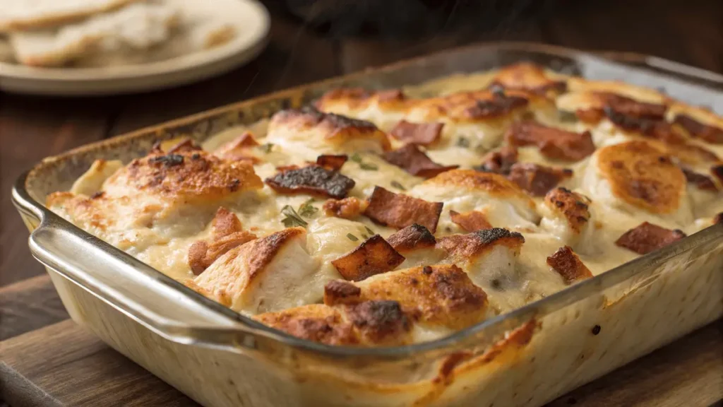 Cheesy carnivore chicken casserole with bacon and cream layers