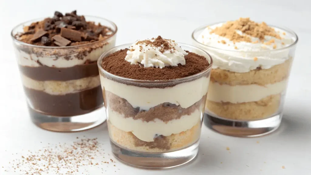 Three creative tiramisu variations — alcohol-free, kid-friendly, and vegan — displayed in separate dessert glasses.