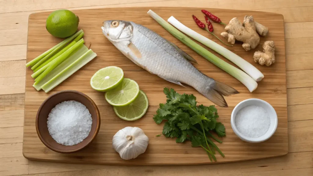 Ingredients for simple leche de tigre recipe including fresh lime, white fish, celery, garlic, ginger, and red onion on a wooden board.