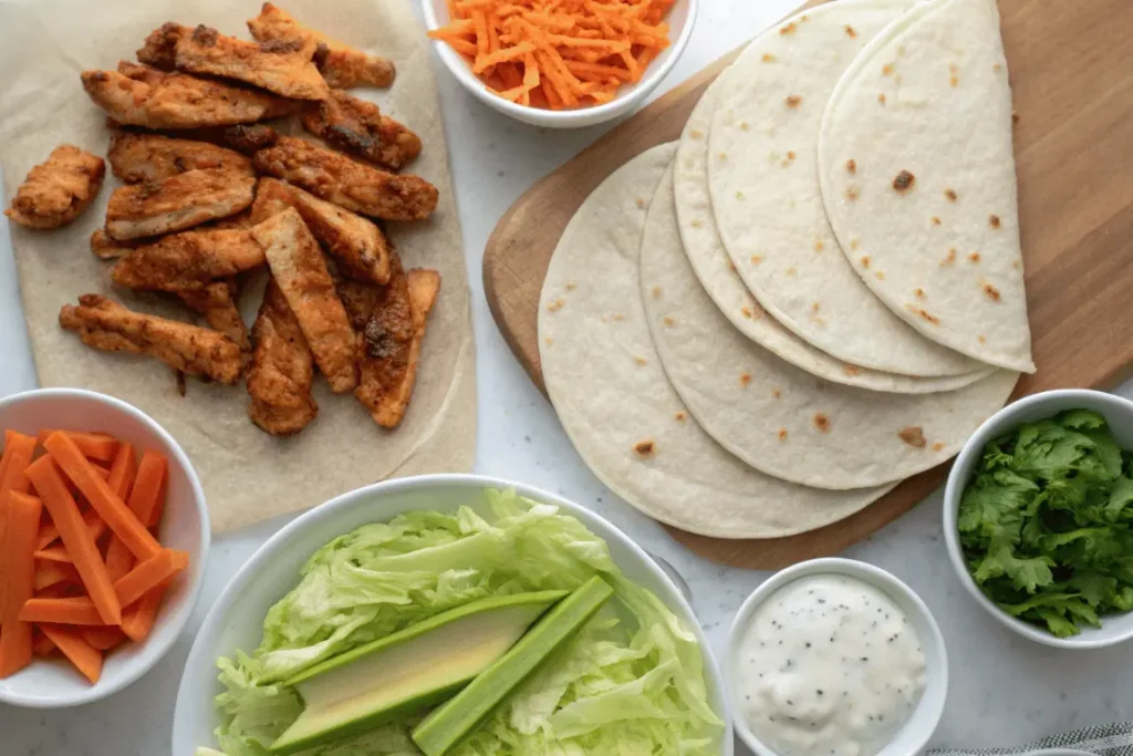 Buffalo Chicken Wrap Recipe ingredients including chicken, buffalo sauce, and tortillas