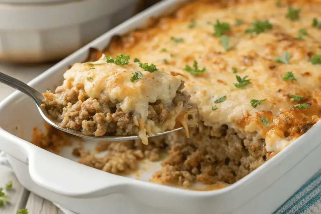 A baked turkey and rice casserole, ideal for families or freezer meals.