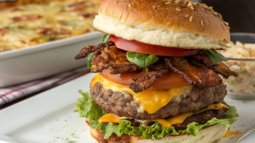 Air fryer double beef burger and baked egg gratin casserole