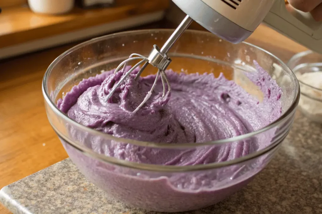 Mixing ube cheesecake recipe batter with ube halaya and cream cheese.