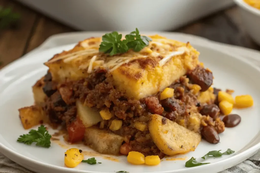 A plated serving of slow cooker cowboy casserole showing beef, potatoes, corn, and beans garnished with cheese and parsley.