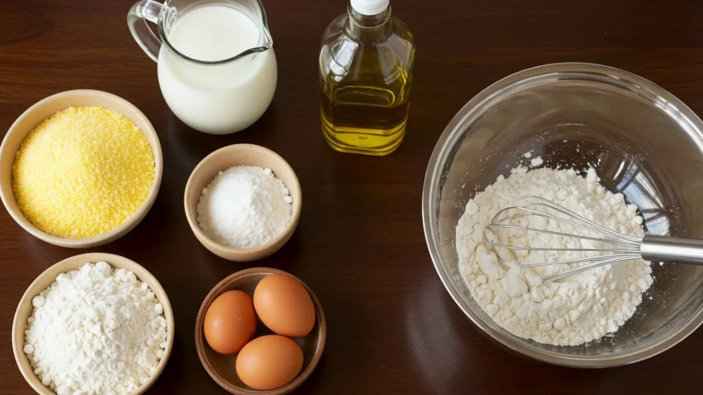 Ingredients for hoe cakes recipe displayed on a wooden kitchen counter