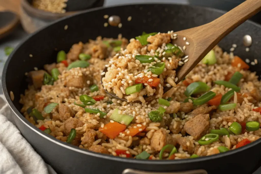 Classic turkey fried rice in one skillet, made healthier with lean meat and fresh veggies.
