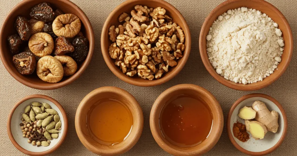 Individual bowls showing ingredients for sugar plum recipe including prunes, dates, walnuts, and spices.