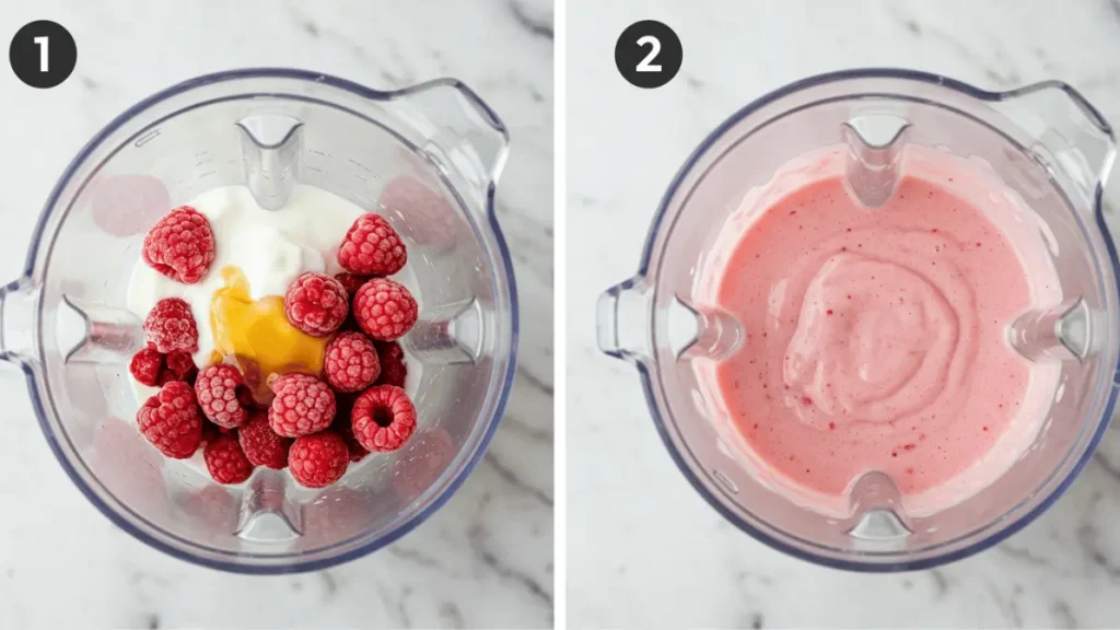 Step-by-step of making raspberry kefir smoothie with honey