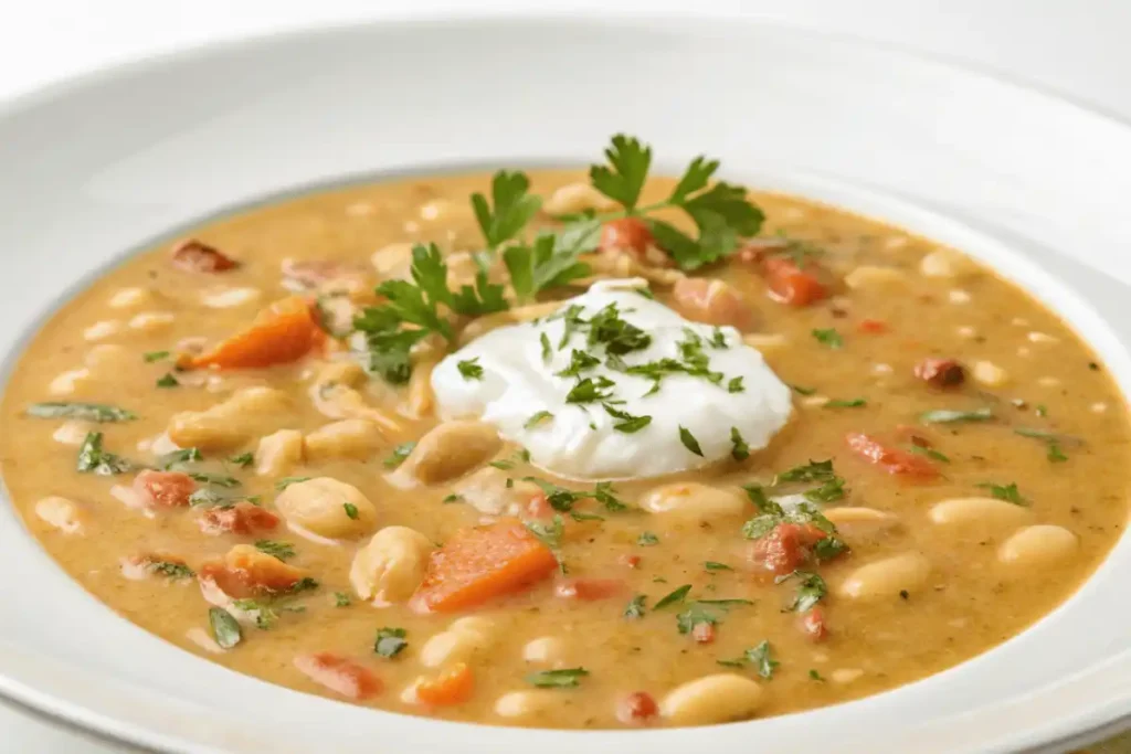 Creamy Mayocoba bean soup served with carrots, herbs, and a dollop of sour cream
