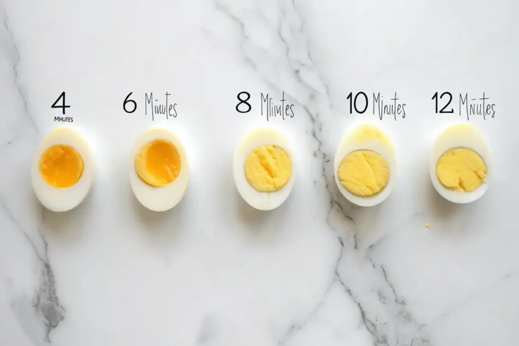 Hard-boiled eggs showing yolk texture at 4, 6, 8, 10, and 12 minutes