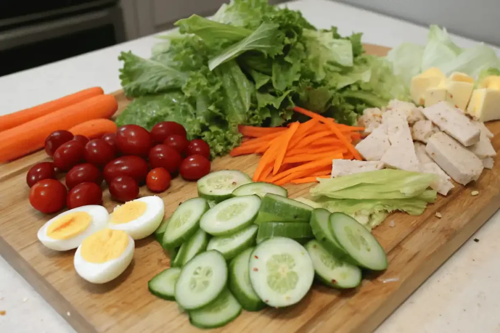 Fresh ingredients for chef salad including lettuce, cucumber, tomato, carrot, egg, turkey, and cheese