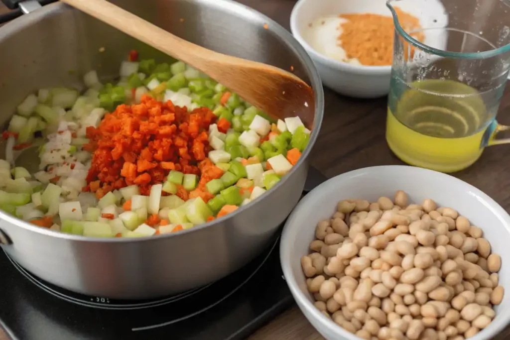 Diced onions, carrots, and celery sautéing in a pot with soaked beans and broth on the side