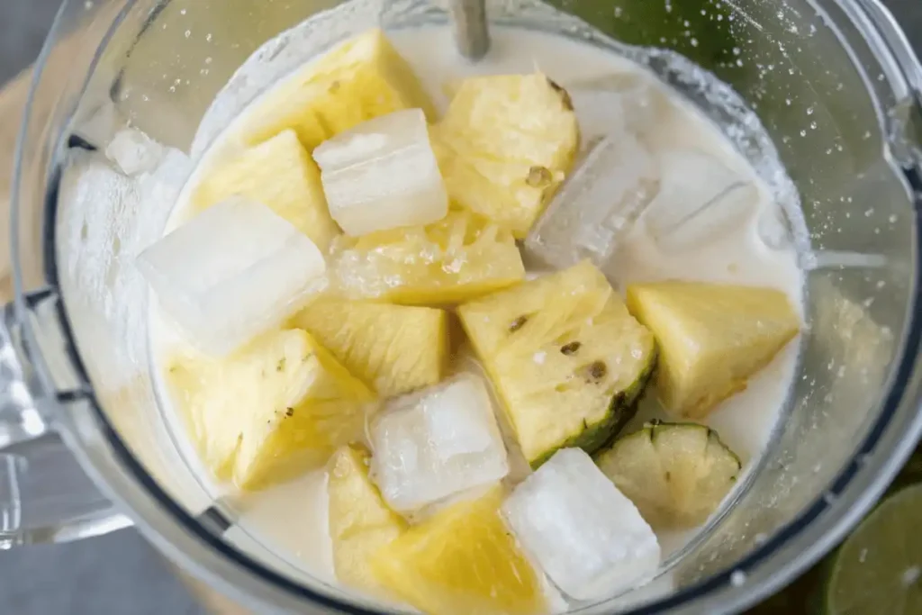 Preparing Coco Lopez piña colada recipe with coconut cream and fresh tropical ingredients on kitchen counter