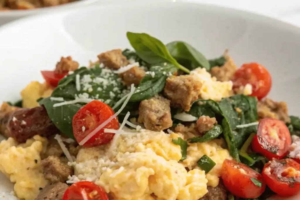 Fluffy scrambled eggs with spinach, cherry tomatoes, sausage crumbles, and parmesan