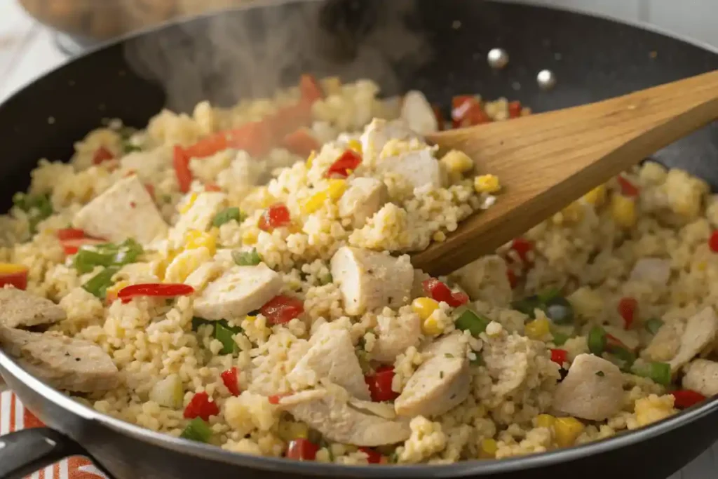 Tofu cauliflower stir fry rice with vegetables and chicken in skillet