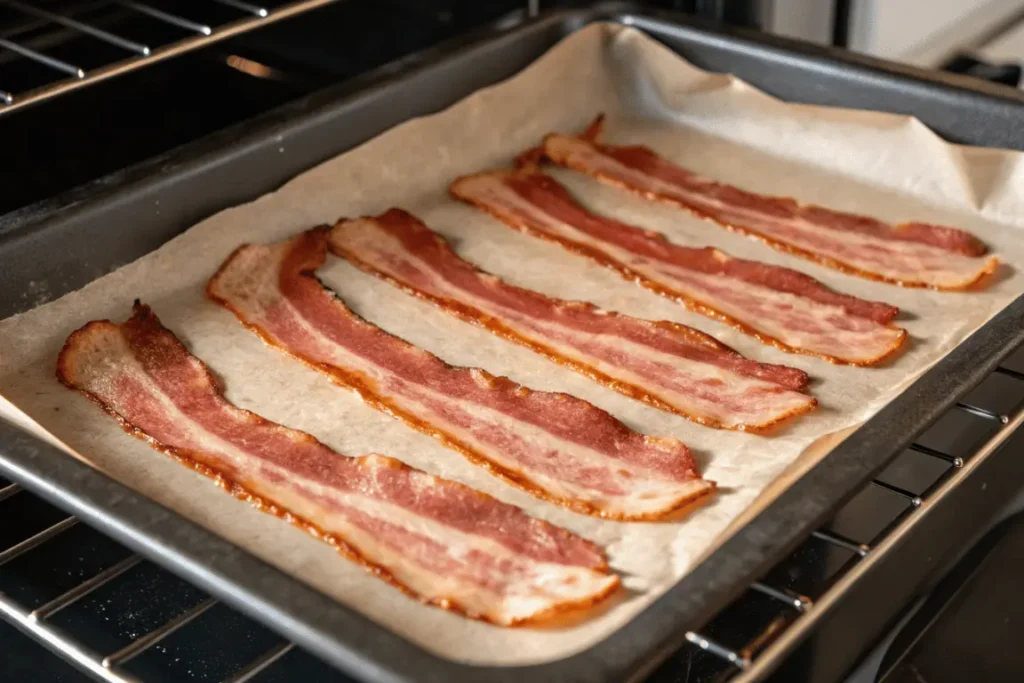 Turkey bacon cooking in oven at 400 degrees