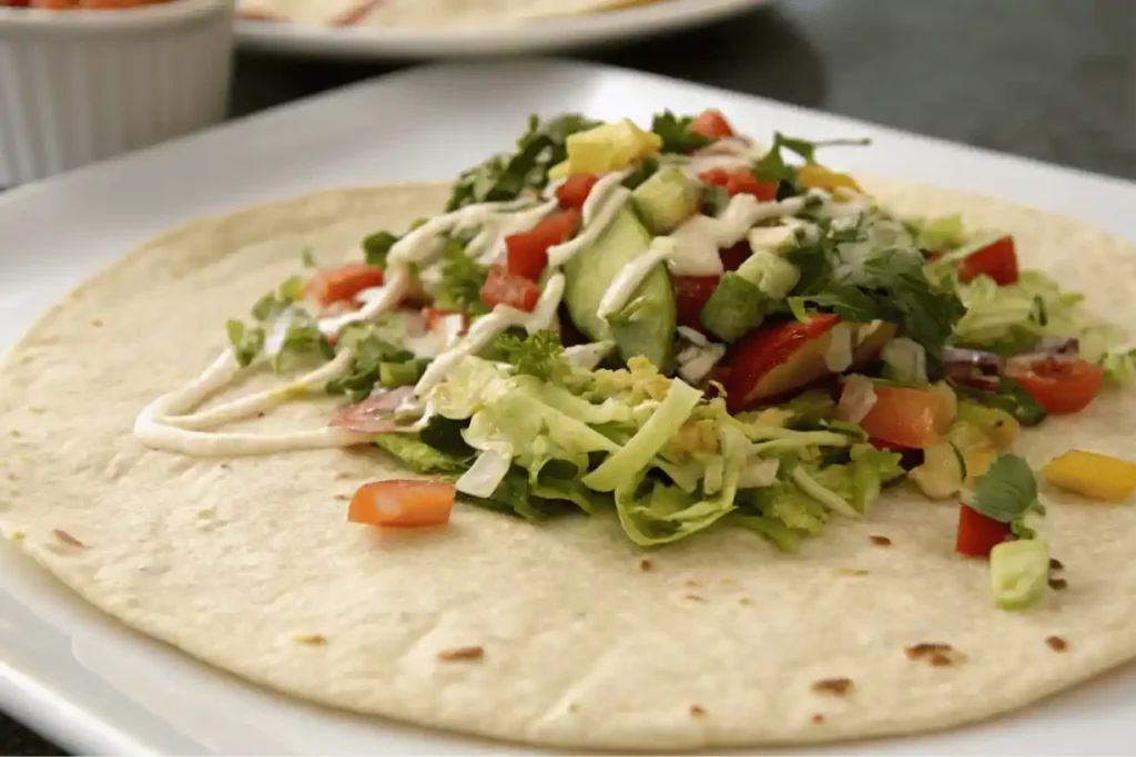 Open tortilla filled with romaine lettuce, avocado, cherry tomatoes, Caesar dressing, and mixed vegetables ready to be rolled into a Chicken Caesar Wrap