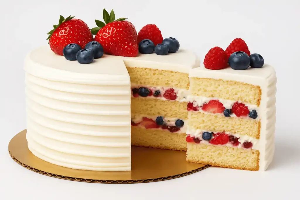 Publix Chantilly Cake with fresh berries and almond vanilla layers