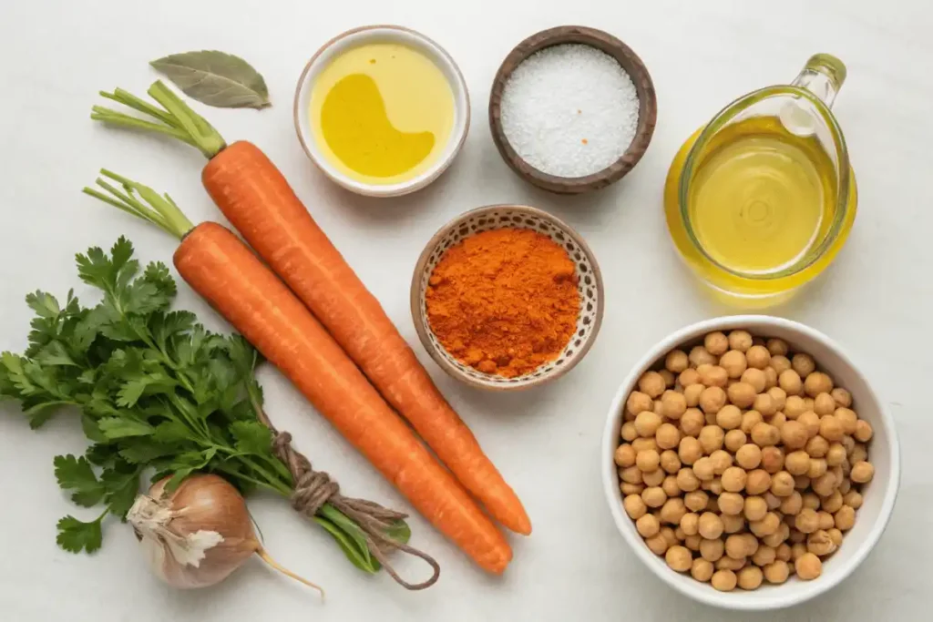 Ingredients for low FODMAP hummus recipe with carrots and chickpeas