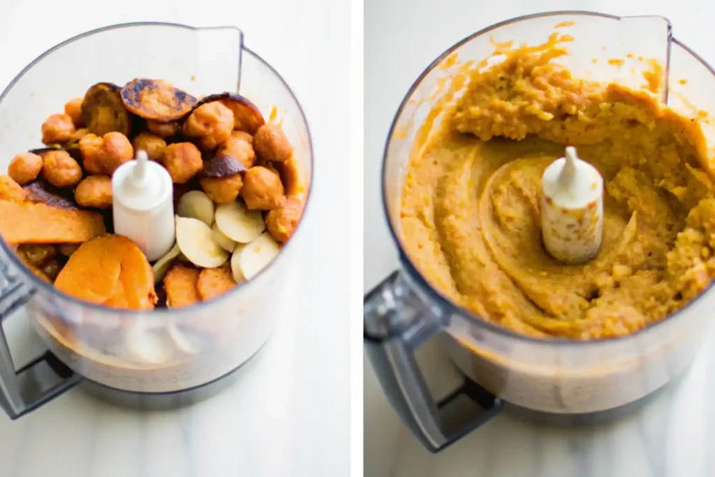 Blending steps for low FODMAP hummus recipe with chickpeas and carrots