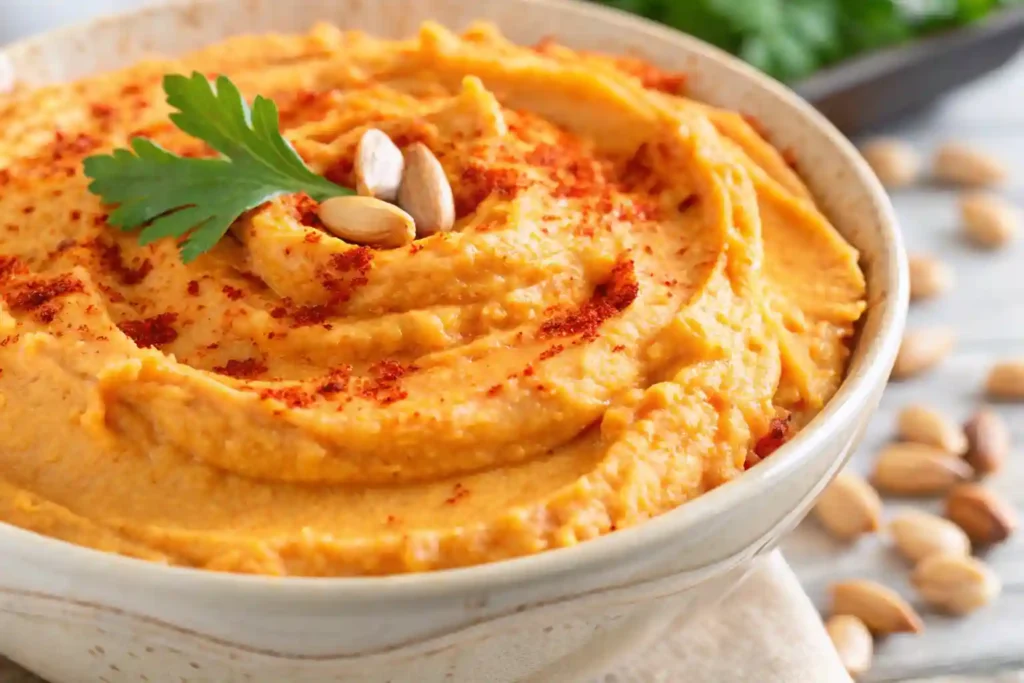Finished low FODMAP hummus recipe in a bowl topped with paprika and herbs