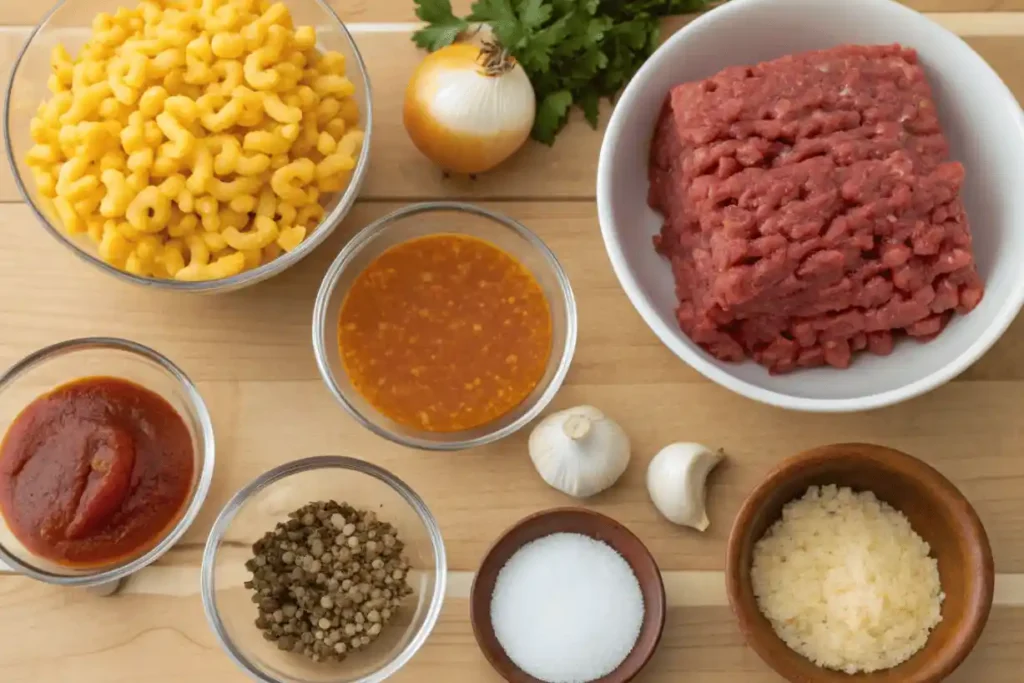 Fresh ingredients for Homemade Hamburger Helper including beef, pasta, cheese, and spices.