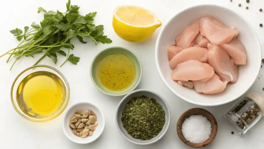 Key ingredients for Mediterranean chicken marinade on a rustic table.