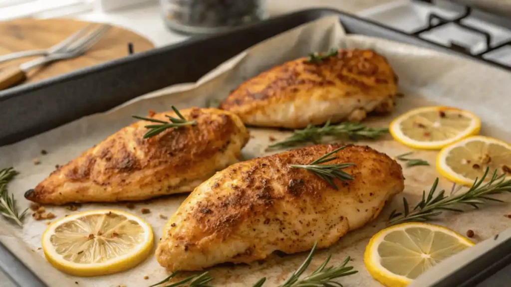 Oven-baked Mediterranean chicken on a parchment sheet pan.