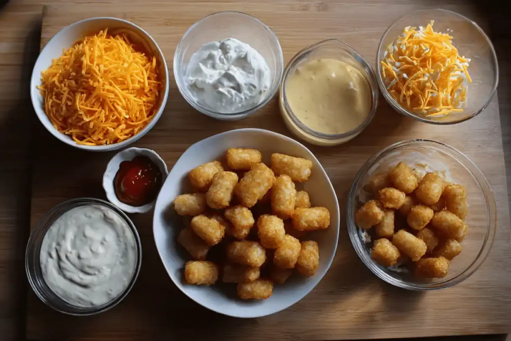 All ingredients for Buffalo Chicken Tater Tot Casserole arranged on a countertop