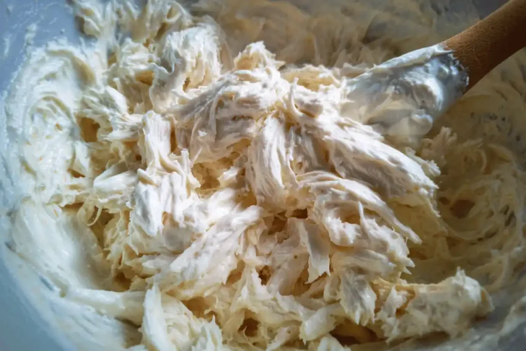 Shredded chicken being mixed with buffalo sauce and creamy ingredients for Buffalo Chicken Tater Tot Casserole