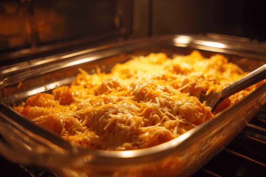 Spreading buffalo chicken mixture into a casserole dish for Buffalo Chicken Tater Tot Casserole