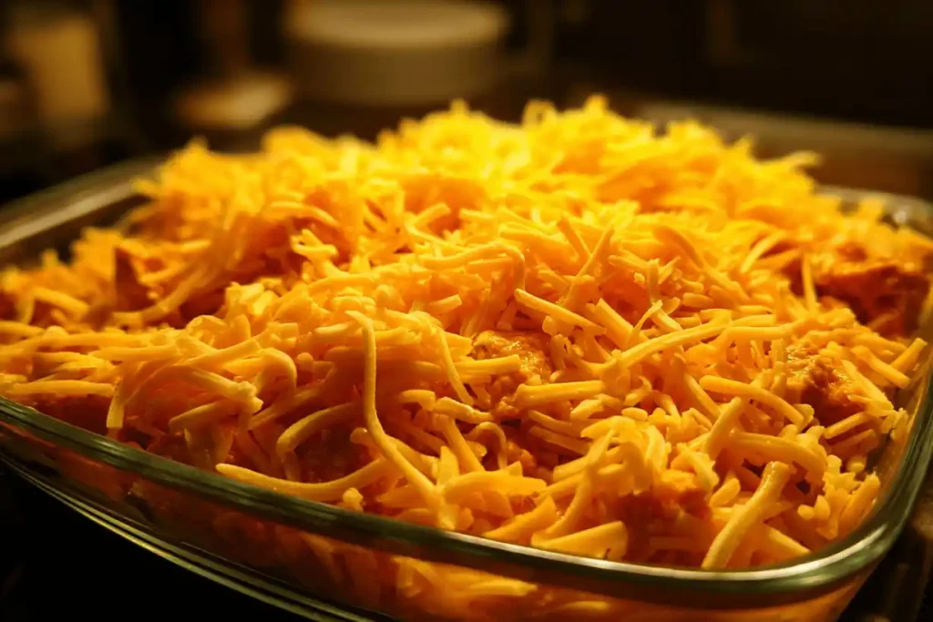 Sprinkling shredded cheddar cheese over chicken mixture for Buffalo Chicken Tater Tot Casserole