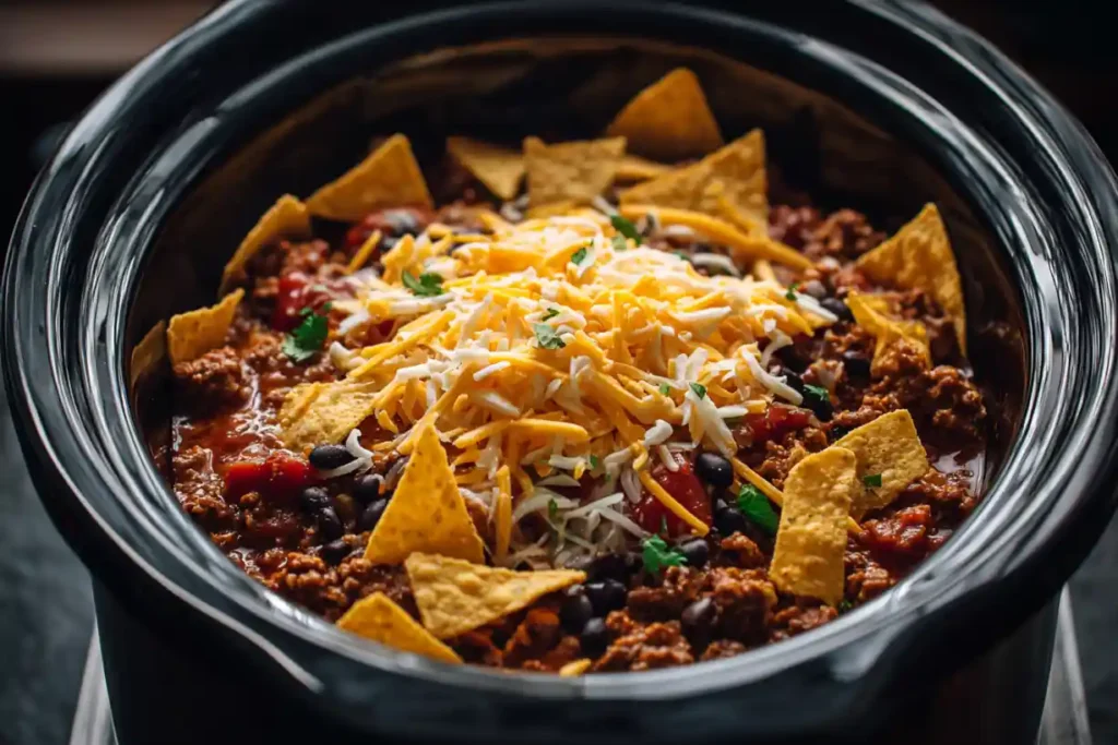 Adding beans, cheese, and chips to Crockpot Taco Casserole in slow cooker