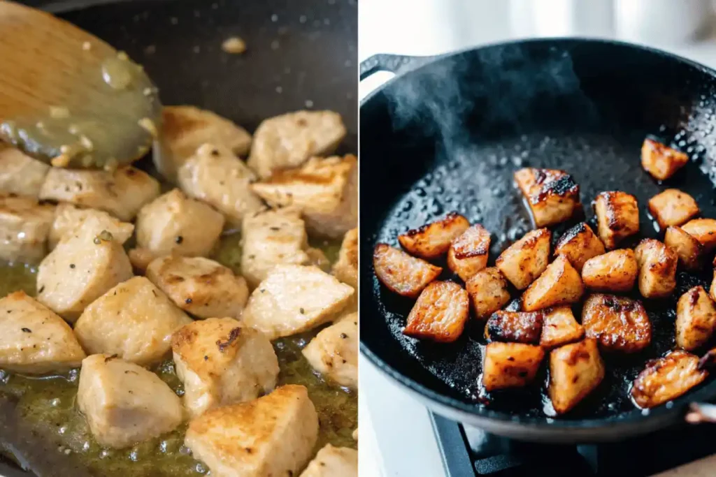 Step-by-step cooking of hibachi chicken recipe with chicken sizzling in butter and garlic, coated in soy and teriyaki sauce