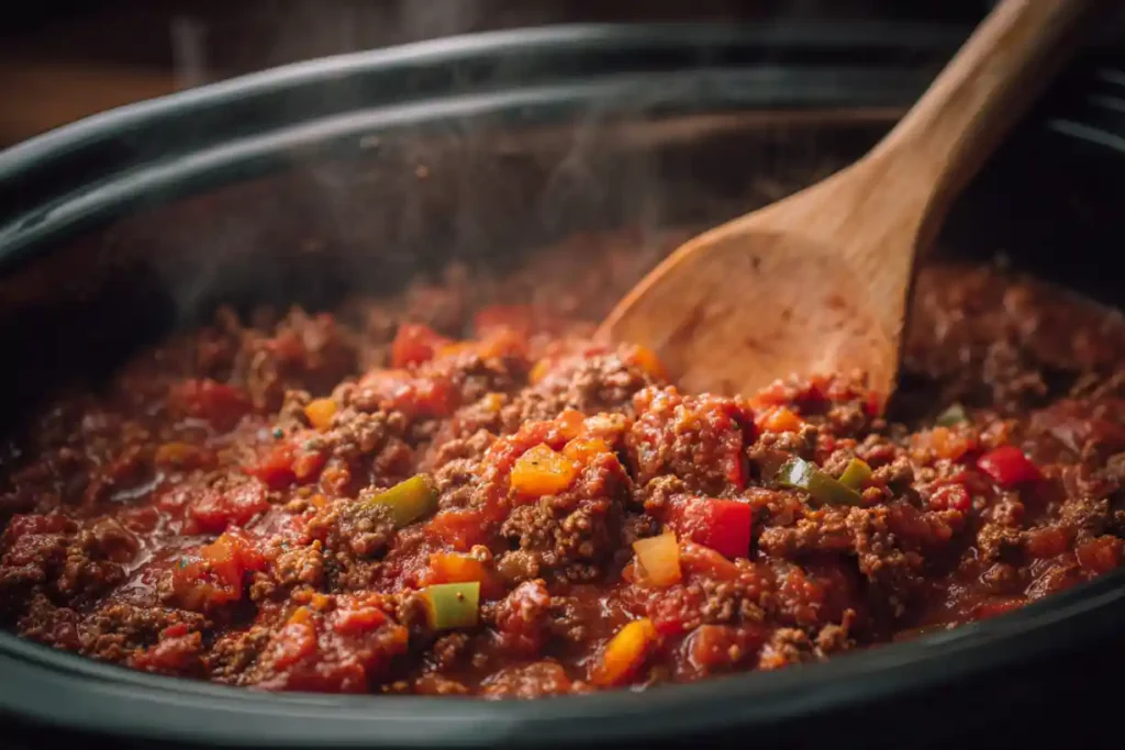 Preparing Crockpot Taco Casserole meat with beef, salsa, and spices in a slow cooker