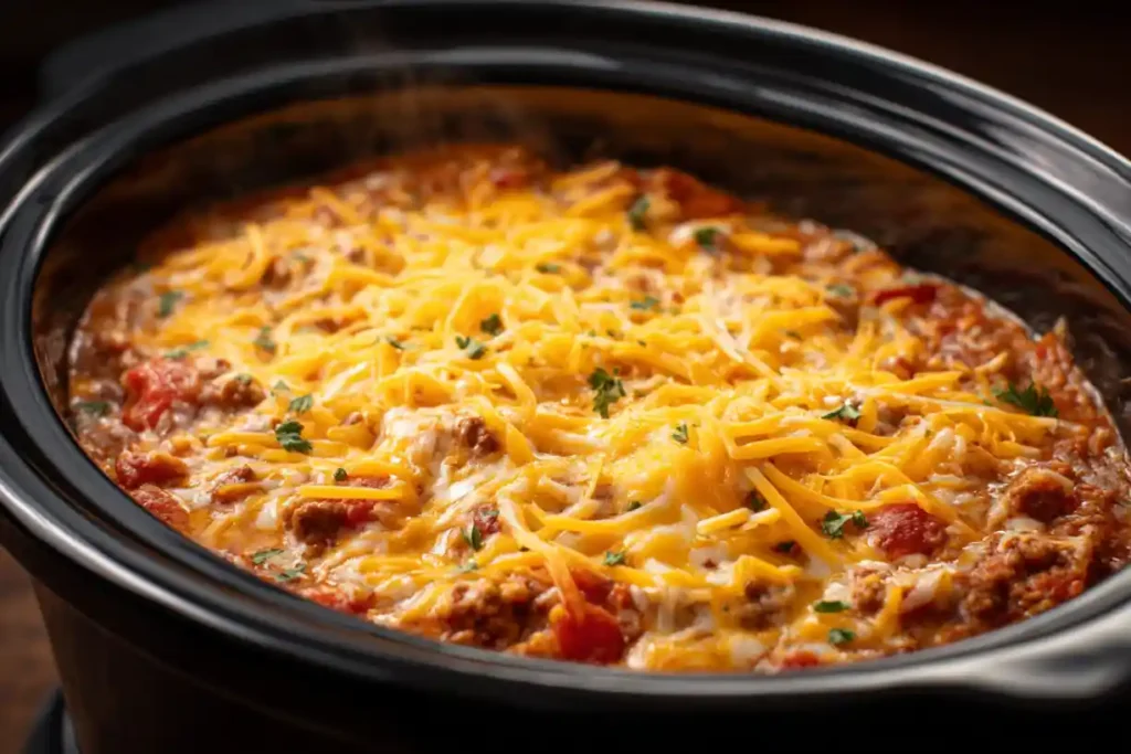 Crockpot Taco Casserole with melted cheese on top in a slow cooker