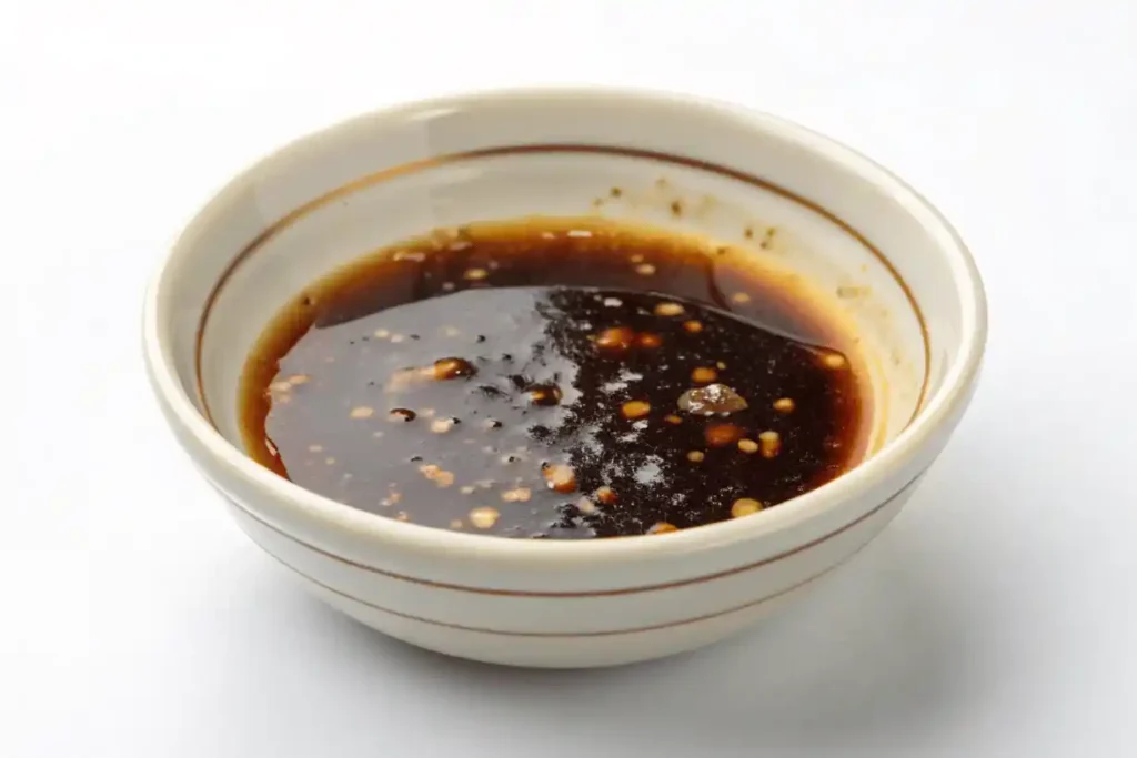 Mixing soy sauce and teriyaki sauce in a small bowl to prepare the hibachi chicken recipe sauce base