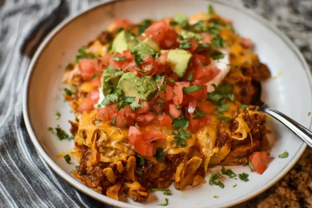 Serving Crockpot Taco Casserole garnished with avocado and cilantro