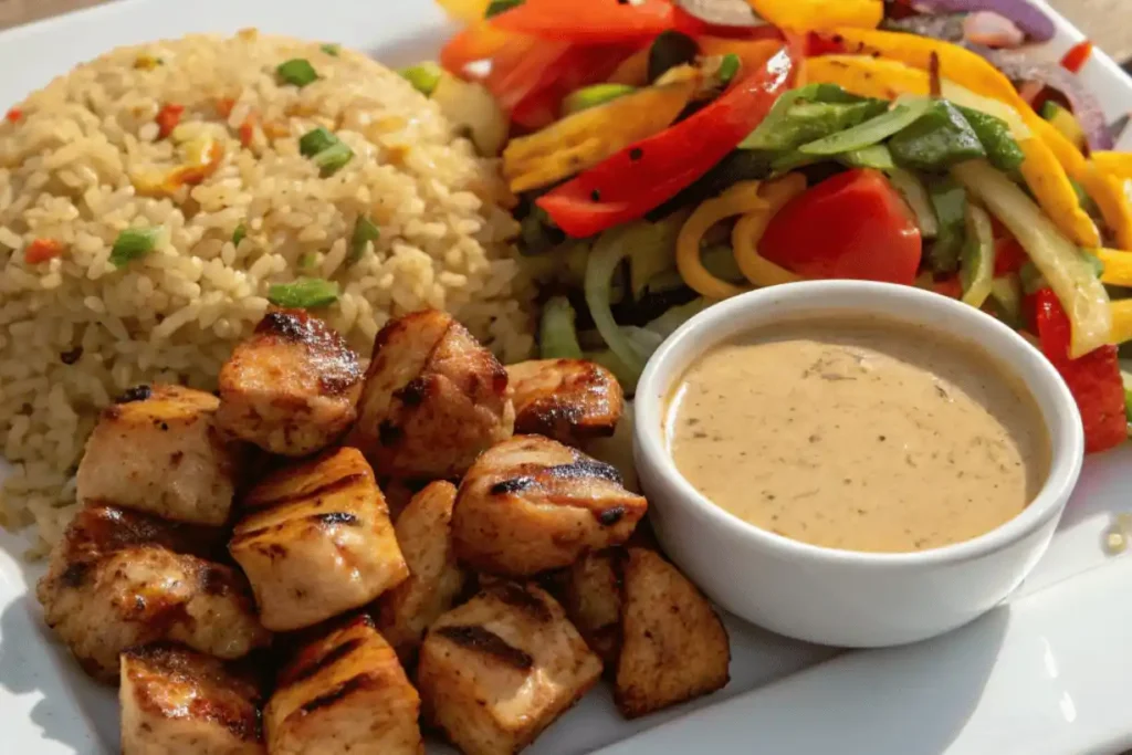 Plated hibachi chicken recipe served with hibachi rice and vegetables, topped with sesame seeds and green onions for an authentic look